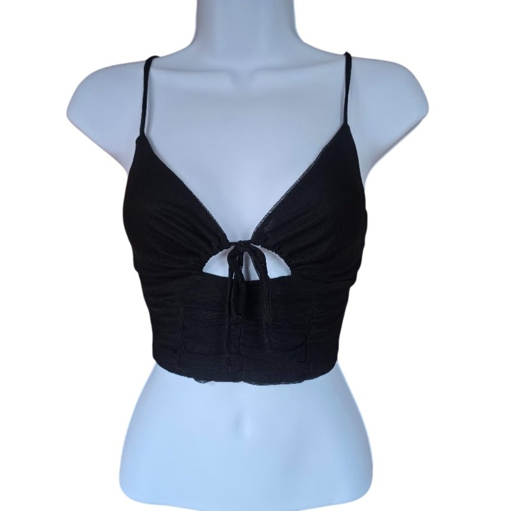 Urban Outfitters Crop Top Womens S Black Ruched Mesh Tie Front Goth Y2K Coquette